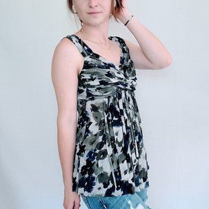 Express Y2K Floral Blue/Green Mesh Cami Baby Doll Twist Front Tank Top - XS
